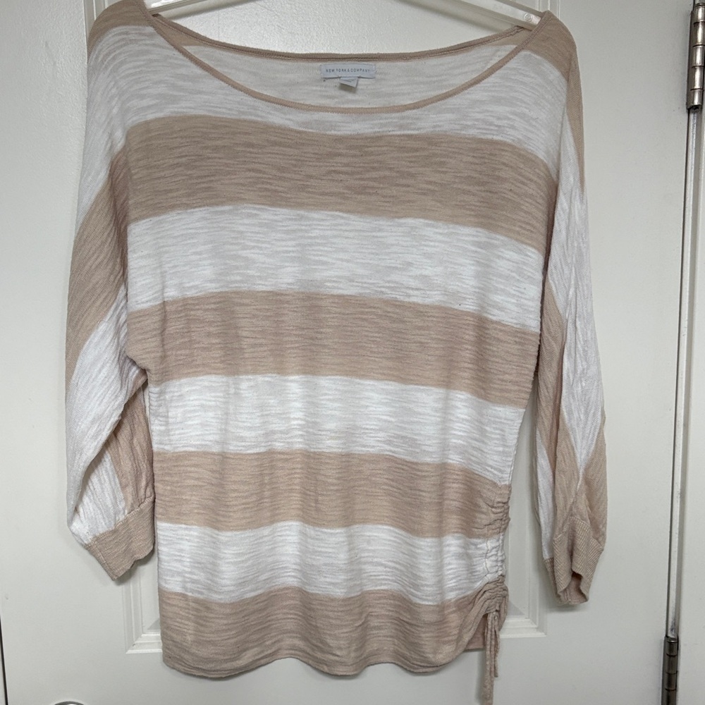 New York & Company Cream and Tan Striped Knit Top